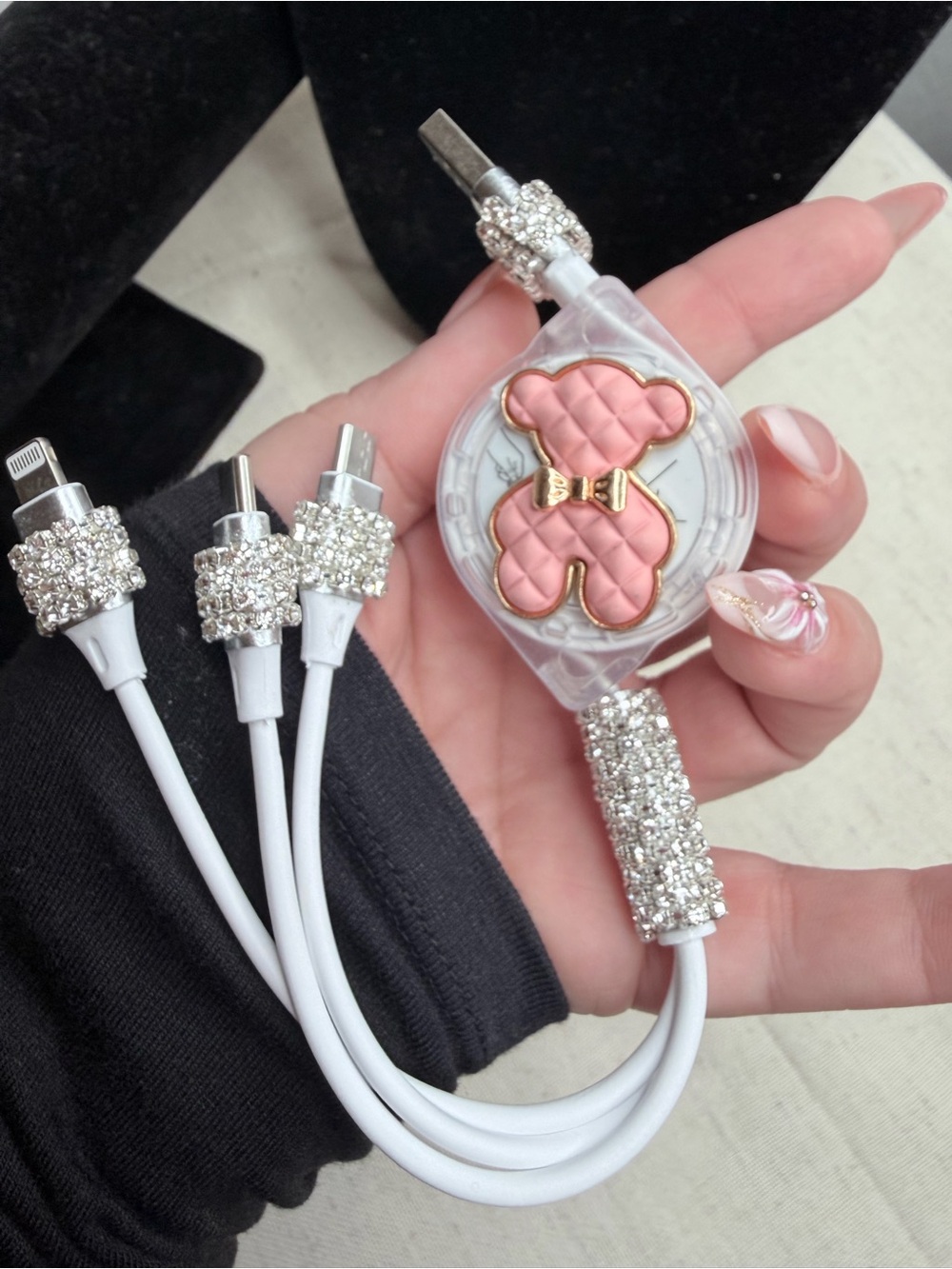 Multi-Connector Charging Cable with Pink Bear Accent and Rhinestone Detailing